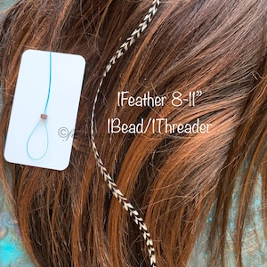 1 single long hair feather in natural grizzly shown with a blue floss threader and brown hair extension bead