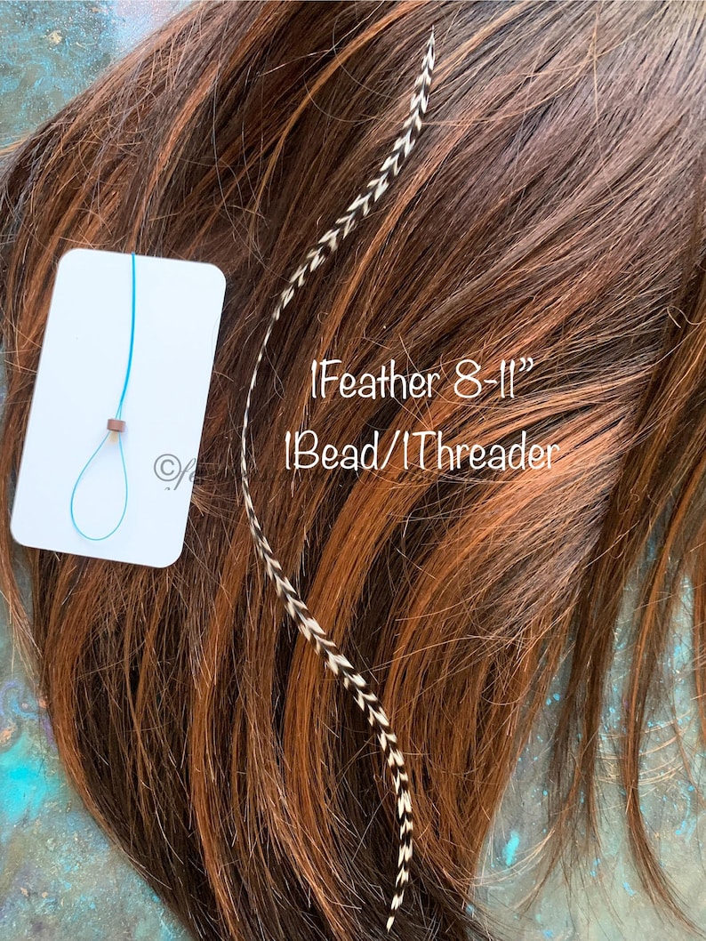 1 single long hair feather in natural grizzly shown with a blue floss threader and brown hair extension bead