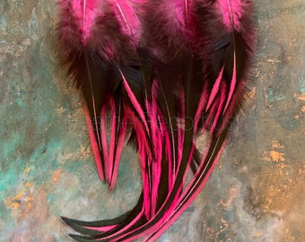 Craft Rooster Feathers Raspberry Pink and Black Laced Saddle Feathers Winter Color Feather Gifts Pink Feathers for Crafts 12PCS