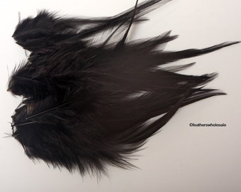 Rooster Feathers for Crafts Jet Black Colored Rooster Saddle Black Craft Feathers Boho Art Supplies Mask Making Feathers Indie Supplies, 24