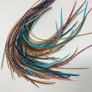 Feather Hair Extension Teal Coral Extra Long Real Rooster Feather Hair Extensions Bohemian Hair Gifts for Her Pack of 13
