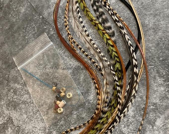Natural Colors Feather Hair Accessories DIY Kit Real Feather Extensions XL Hair Feathers Grizzly Ash Blonde Light Brown Rooster Feathers 15