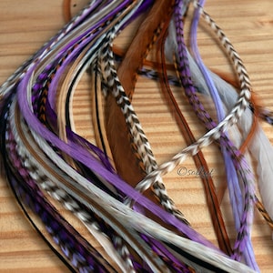 May include: A collection of colorful feather hair extensions in shades of purple, brown, white, and black. The feathers are long and flowing, and they are perfect for adding a touch of bohemian style to any hairstyle.