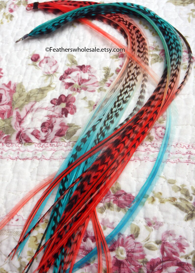 Poppy Red Turquoise Feather Hair Extensions Bright Colored Etsy