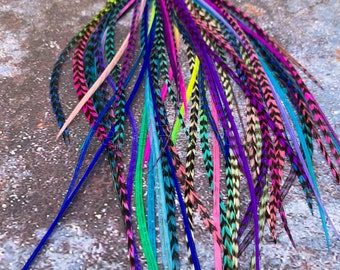 Bulk Hair Feathers Popular Colors Long Feather Extensions Rainbow Blue Violet Pink Natural Grizzly Turquoise Feather Hair Extensions x 50