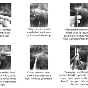 May include: A step-by-step guide on how to attach hair extensions using micro beads. The images show how to thread the hair through a loop tool, slide a micro bead onto the hair, secure the bead with pliers, and remove the bead with pliers.