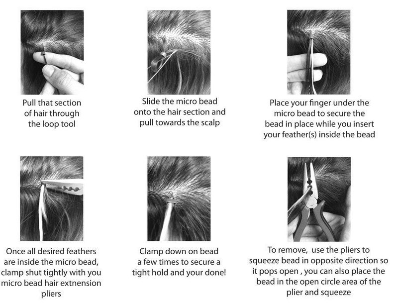 May include: A step-by-step guide on how to attach hair extensions using micro beads. The images show how to thread the hair through a loop tool, slide a micro bead onto the hair, secure the bead with pliers, and remove the bead with pliers.