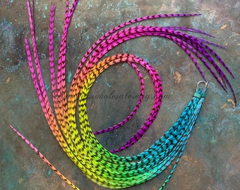 Rainbow Grizzly Feather Extensions Vibrant Rainbow Striped Hair Feathers Earring Supplies Crafting Pack of 20 Pride Month