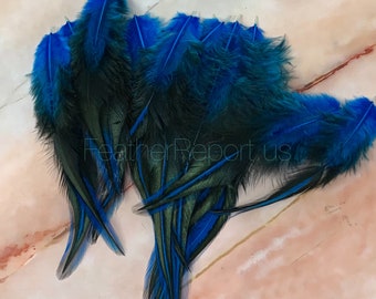 Extreme blue laced rooster saddle feathers hand dyed colorfast craft feathers 12 per pack