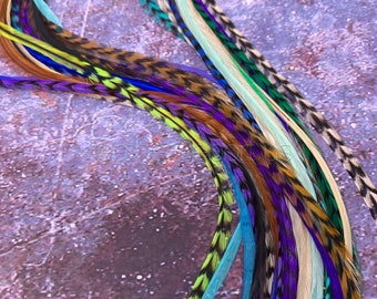 May include: A collection of colorful feather hair extensions. The feathers are arranged in a row, with the tips of the feathers pointing to the right. The feathers are a variety of colors, including blue, green, purple, and brown.