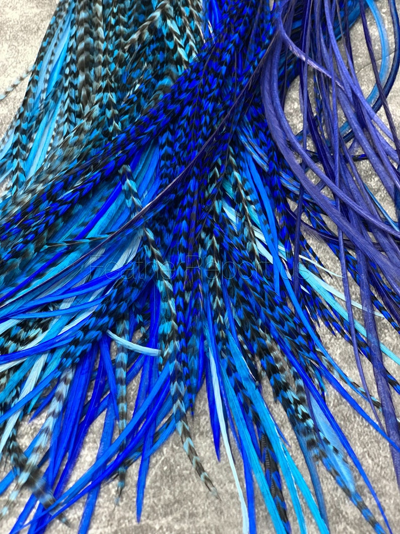 Blue Feather Hair Extensions Long Rooster Feathers for Hair Crafts Fishing Hatmaking Bright Blue Feather Extensions DIY Kit with Beads 10PCs image 6