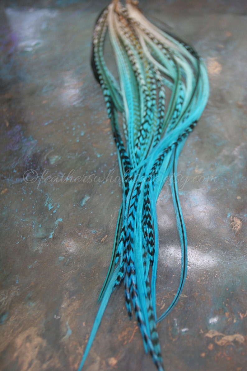 Boho Hair Accessories Feather Extensions 10 Turquoise Blue Ombre Hair Feathers Diy Kit with Beads Blue Rooster Hair Feathers