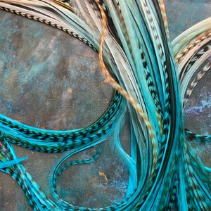Puede incluir: Un manojo de plumas azul turquesa y blancas con marcas negras. Las plumas son largas y fluidas, y est&aacute;n dispuestas de forma suelta y natural.