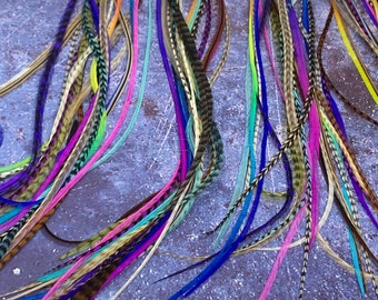 Extra Long Rainbow Rooster Hair Feathers (14-17") – Blue, Purple, Pink, Grizzly Mix 20 Real