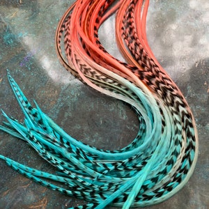 Coral Aqua Ombre Feather Hair Extensions Real Rooster Saddle Feathers DIY Kit (10 pc)