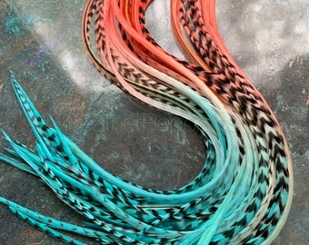 Extra Long Hair Feathers Extensions Dyed Coral Aqua Blue in Color 10 Real Feathers 11to14inch Long Feather Extensions for Hair Accessories