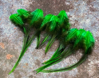 Green Craft Feathers Laced Rooster Feathers Dyed Green in Color Black and Green Feathers for Crafts Embellishments Fly Tying Pack of 12