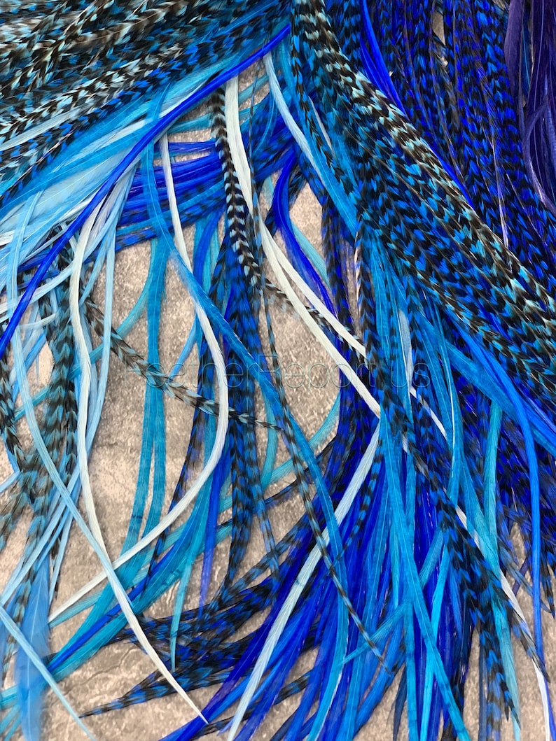 Blue Feather Hair Extensions Long Rooster Feathers for Hair Etsy