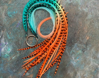 Teal Orange Ombre Hair Feathers Bulk Rooster Extensions Hippie Accessories (25 Pack)