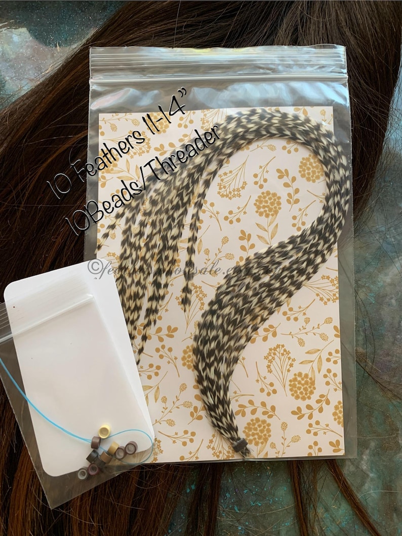 10 grizzly rooster feathers shown packaged in a polybag with 10 silicone mixed hair extension beads and floss threader and this is the 11 to 14 inch bundle pack