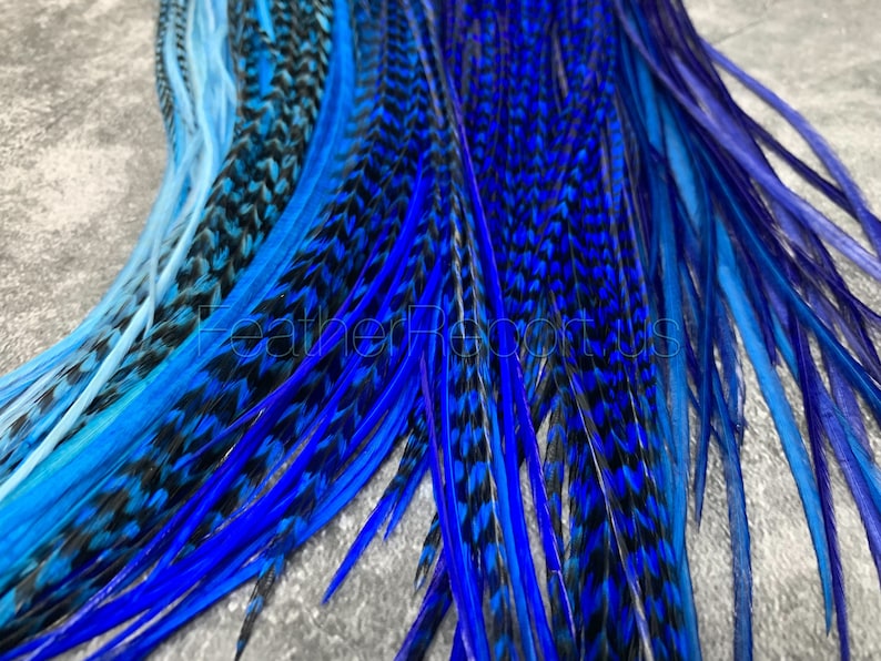 Blue Feather Hair Extensions Long Rooster Feathers for Hair Crafts Fishing Hatmaking Bright Blue Feather Extensions DIY Kit with Beads 10PCs image 5