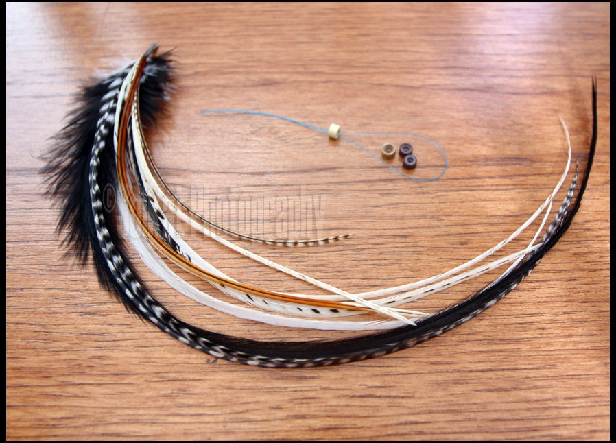 Bonded Feather Hair Extension Black White Fluffy Thin Rooster Feather…
