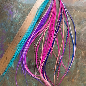 Skinny Feather Extensions Bulk Rooster Feathers for Crafts Turquoise Pink Blue and Purple Feathers Fly Tying Hackle 75 Pcs I agree and Read