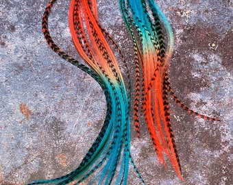 Ombre Rooster Hair Feathers: Red & Turquoise Extensions, 25 Pack