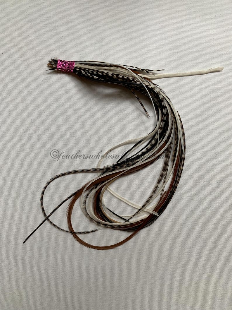 Puede incluir: Un manojo de plumas marrones, blancas y negras con un lazo de plumas rosa. Las plumas est&aacute;n atadas en la parte superior y se extienden en la parte inferior.
