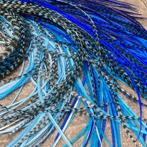 Blue Feather Hair Extensions Long Rooster Feathers for Hair Crafts Fishing Hatmaking Bright Blue Feather Extensions DIY Kit with Beads 10PCs image 2