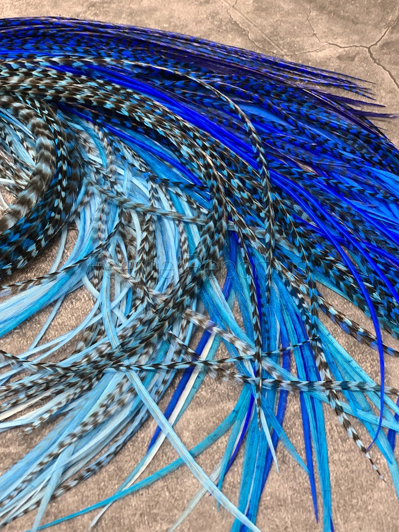 Blue Feather Hair Extensions Long Rooster Feathers for Hair Crafts Fishing Hatmaking Bright Blue Feather Extensions DIY Kit with Beads 10PCs image 2