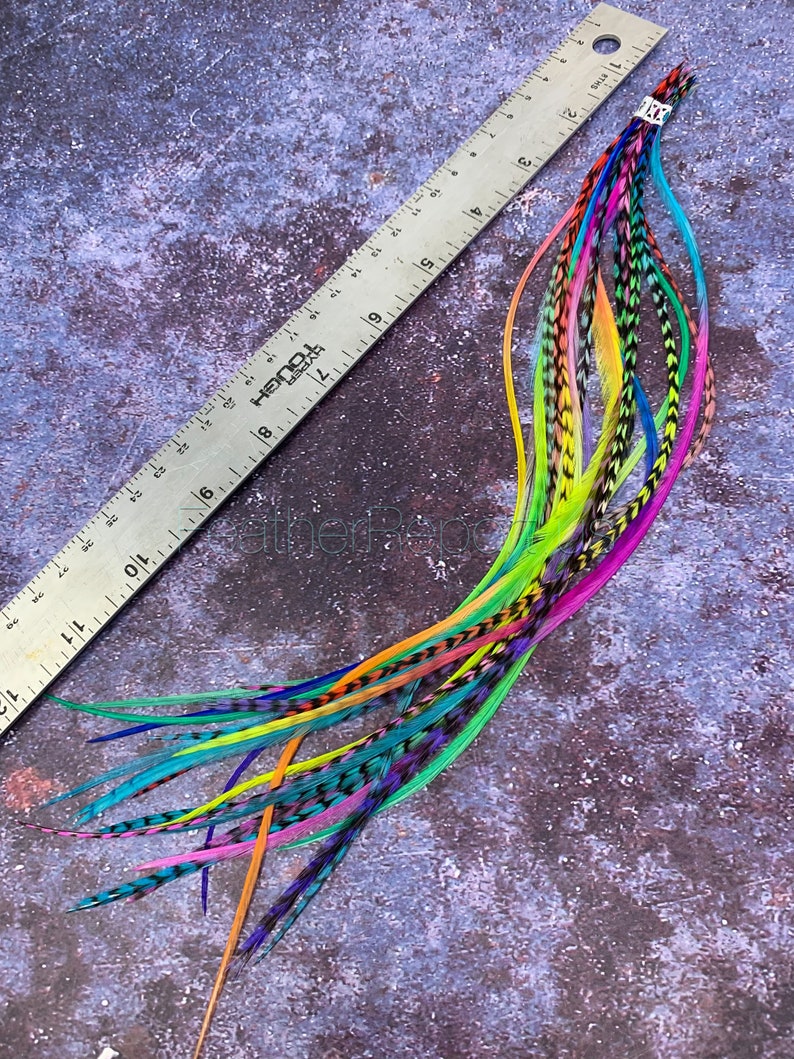 Hair Feathers Rainbow Hair Accessories Long Feather Hair Extensions Rainbow Colored Real Rooster Feather Extensions DIY Kit image 2