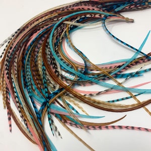 Feather Hair Extension Teal Coral Extra Long Real Rooster Feather Hair Extensions Bohemian Hair Gifts for Her Pack of 13