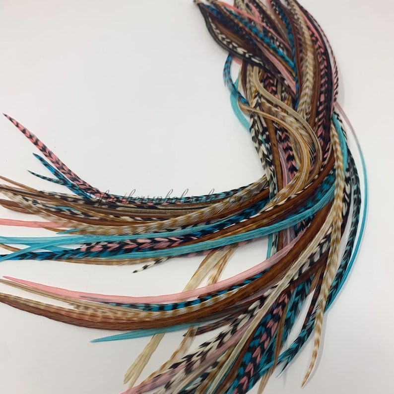 Feather Hair Extension Teal Coral Extra Long Real Rooster Feather Hair Extensions Bohemian Hair Gifts for Her Pack of 13