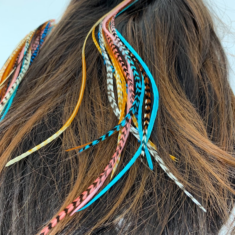 Feather Hair Extension Teal Coral Extra Long Real Rooster Feather Hair Extensions Bohemian Hair Gifts for Her Pack of 13