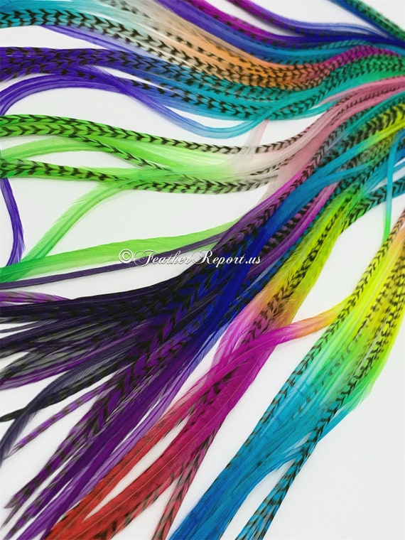 20 Mixed Rainbow Bright Rooster Hair Feathers Extensions