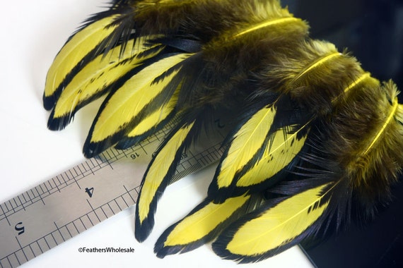 Yellow Craft Feathers FL Lemon Yellow Feathers for Crafts Earring Feathers  Yellow and Black Feathers Laced Hen Saddle 12PCS