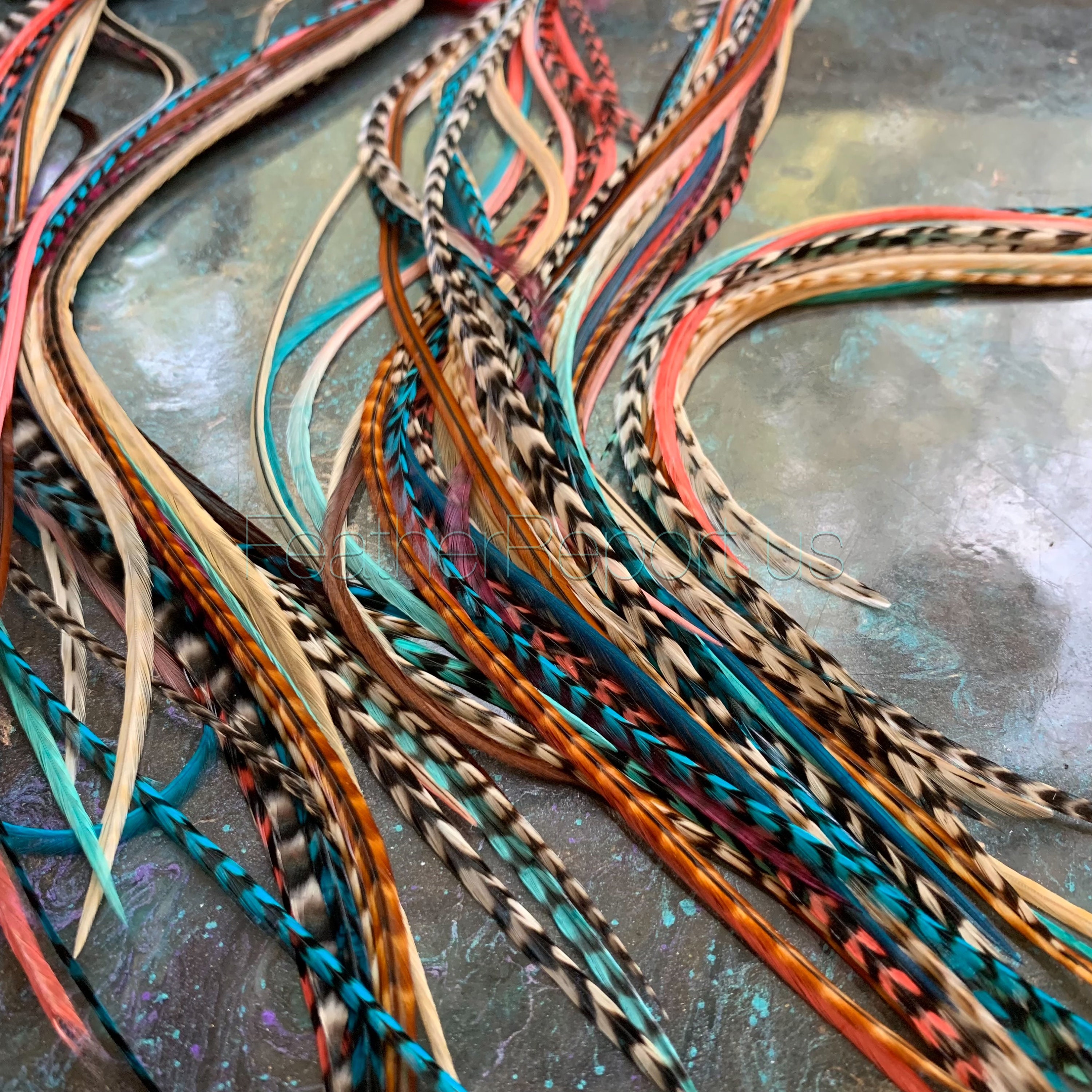 Skinny hair feathers coral teal natural combo 20 thin long feather extensions limited edition real feathers for hair accessories