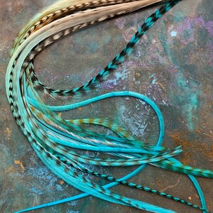 Puede incluir: Un conjunto de plumas de color azul turquesa y negro con puntas blancas. Las plumas est&aacute;n atadas con un cord&oacute;n de cuero marr&oacute;n.