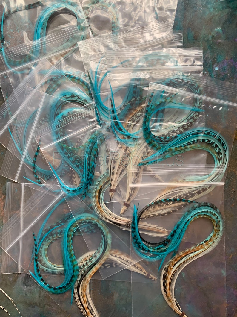 Puede incluir: Varias bolsas de pl&aacute;stico peque&ntilde;as llenas de plumas de color turquesa y blanco. Las plumas est&aacute;n dispuestas en forma de curva y est&aacute;n listas para ser utilizadas en proyectos de manualidades.