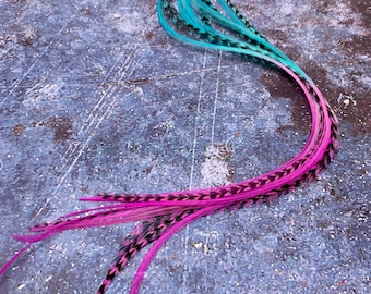 Lang haar veren DIY Kit Caribisch blauw roze Magenta Ombre geverfd haarverlenging veren Extra lange haarveren met kralen 10Pack