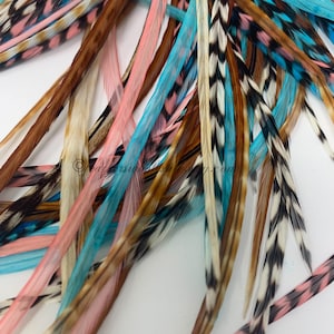 Feather Hair Extension Teal Coral Extra Long Real Rooster Feather Hair Extensions Bohemian Hair Gifts for Her Pack of 13