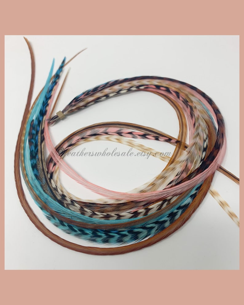 Feather Hair Extension Teal Coral Extra Long Real Rooster Feather Hair Extensions Bohemian Hair Gifts for Her Pack of 13