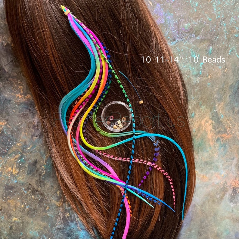 Hair Feathers Rainbow Hair Accessories Long Feather Hair Extensions Rainbow Colored Real Rooster Feather Extensions DIY Kit 10 11-14" / 10 Beads