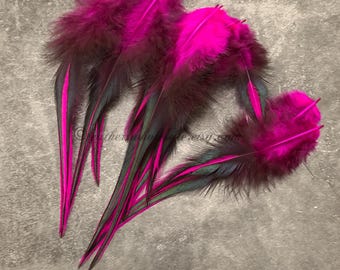Pink Black Rooster Feathers Saddle Craft Supplies 4to7inch Unique Plumes 12PCS