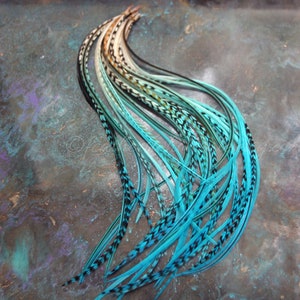 Turquoise Blue Feather Hair Extensions Kit: Boho Rooster Hackle with Beads