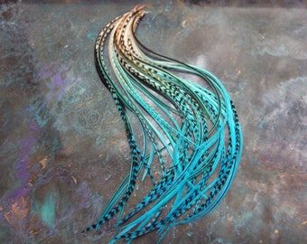 Turquoise Blue Feather Hair Extensions Kit: Boho Rooster Hackle with Beads