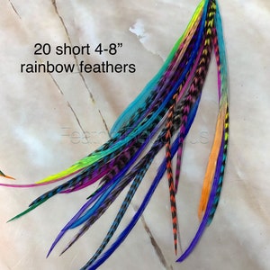 Hair Feathers Rainbow Hair Accessories Long Feather Hair Extensions Rainbow Colored Real Rooster Feather Extensions DIY Kit 20 4-8" / NO Beads