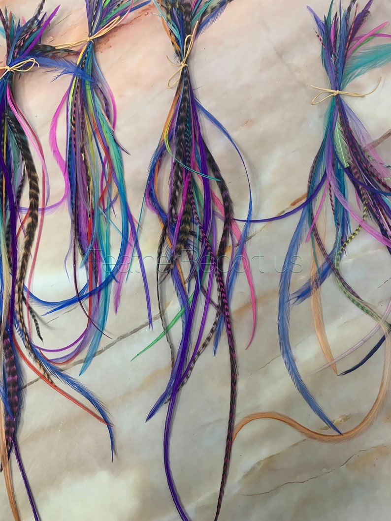 Puede incluir: Cuatro paquetes de plumas coloridas atadas con una cuerda. Las plumas son de varios tonos de azul, rosa, morado, verde y naranja.