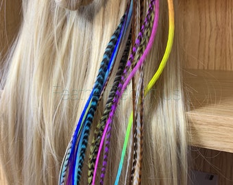 Long Feathers for Hair Extensions Rainbow Natural Mix of 20 Premium Quality XXL Hair Feathers Blues Purples Pinks Grizzly Solid 14to17inches